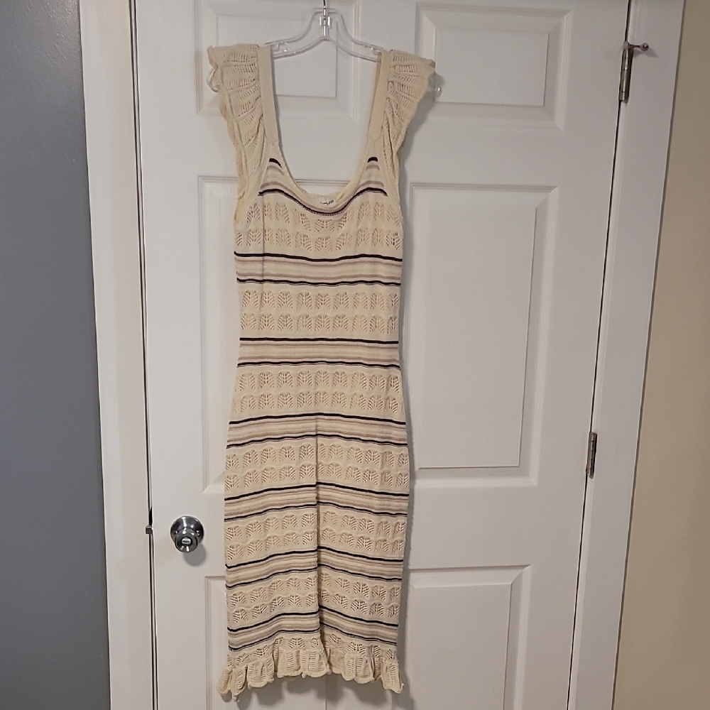 Freshman Cream and Brown Striped Midi Dress